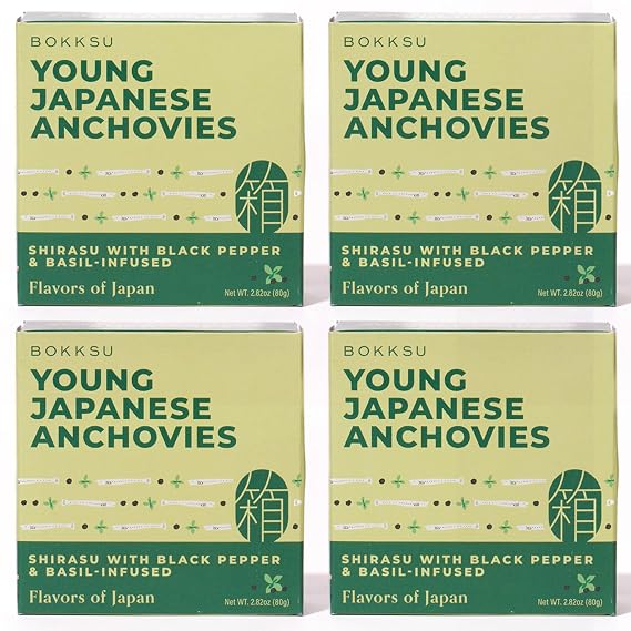 Bokksu Tinned Shirasu Anchovies with Black Pepper and Basil-Infused Oil