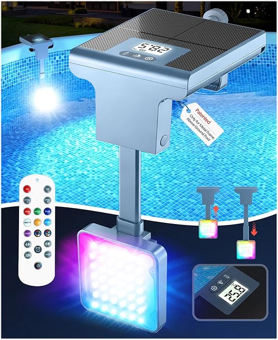 DeeprBlu 2-in-1 Solar Pool Lighting for Metal Frame Above Ground Pool Digital Pool Thermometer with Backlight Pool Lighting Underwater with Remote Control High Brightness Pool Lights