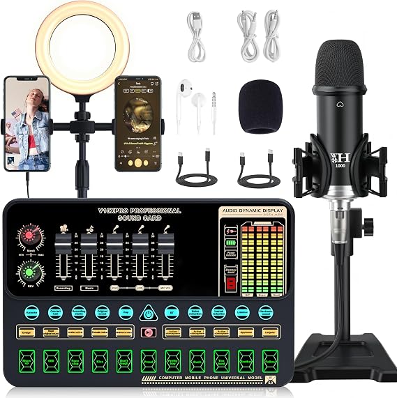 Podcast Equipment Bundle, WXH1000 Podcast Condenser Mic with Voice Changer, V10XPRO Sound Card with 21 Sound Effects, All-in-One Podcast Kit Plug Play for Streaming, Gaming, Singing, Recording