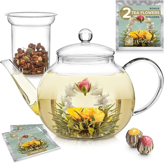 Teabloom Stovetop & Microwave Safe Glass Teapot with Removable Loose Tea Glass Infuser Includes 2 Blooming Teas 2-in-1 Tea Kettle and Tea Maker Tea Purist's Choice