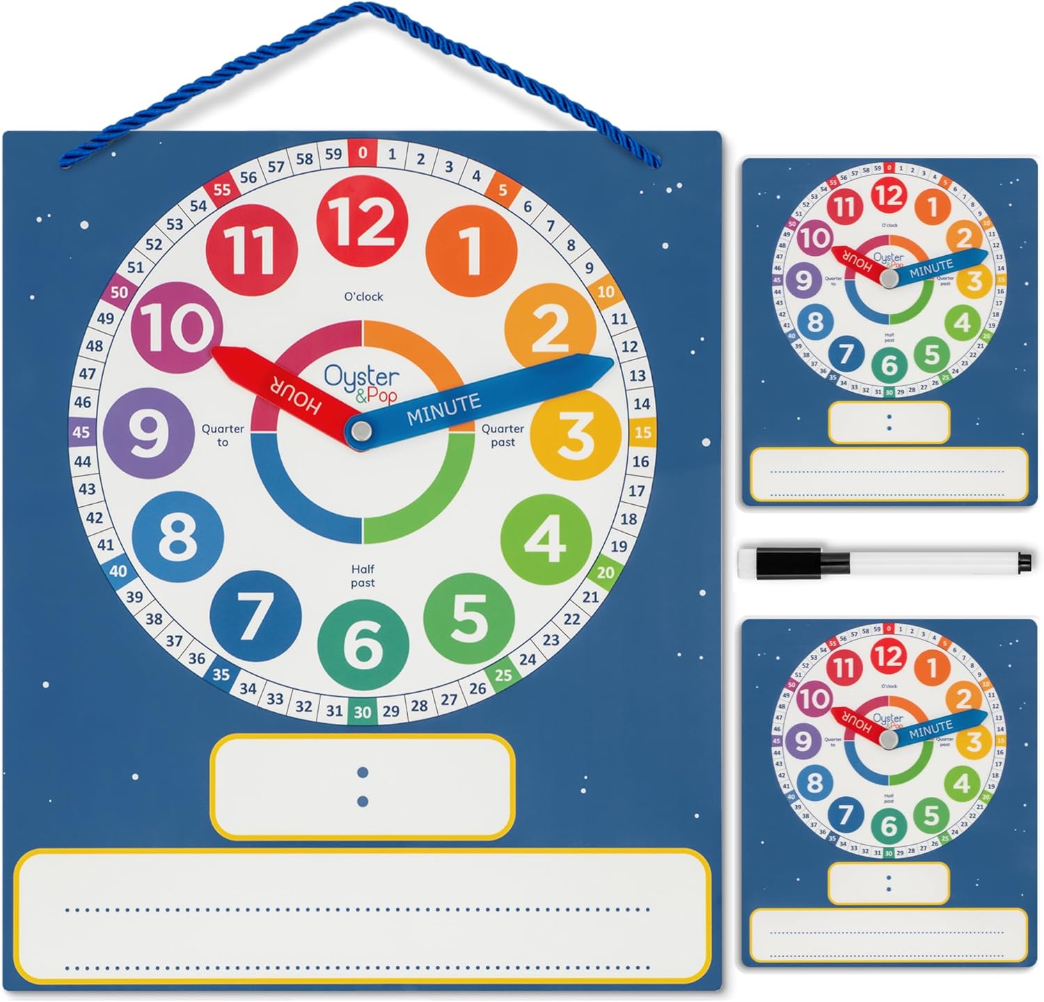 Dry Erase Learning Clock 3 Pack - Magnetic Large Teaching Clock & 2 Kids Clocks - Write & Wipe Analogue Educational Practice Clocks & Marker for Home & Classroom - Kids Learn to Tell Time Easily