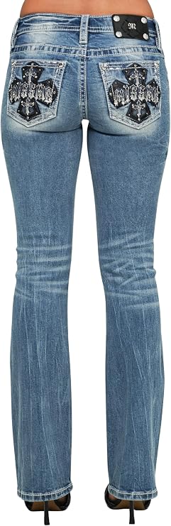Miss Me Women's Mid-Rise Large Cross Logo Embellished Pockets Bootcut Jeans