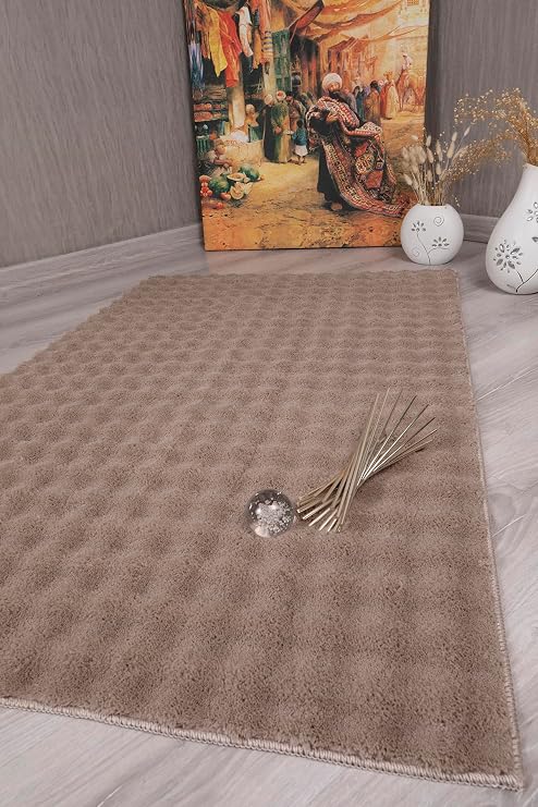 my evilla Dekoratif Bubble Uzun Tüylü Yumuşak Puffy Peluş Kaymaz Yıkanabilir Salon Koridor Halı Yolluk Vizon 80 x 150