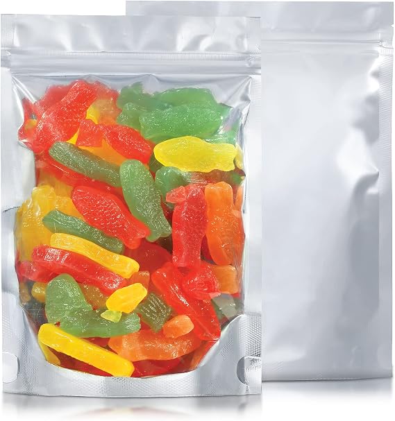 Stand Up Mylar Bags 5.5 x 8 +1.6" Heat Seal For Candy & Food Packaging, Medications And Vitamins - 100 Sealable Mylar Ziplock Bags with Gusset Bottom - For Liquid And Solids (5.5 x 8 + 1.57)