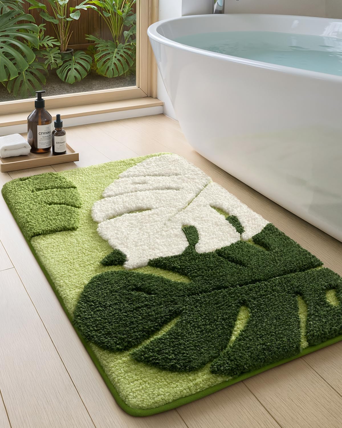 Color&Geometry Cute Leaf Bathroom Rug, Plush Absorbent Non Slip Washable Plant Decor Bath Mat, Ideal for Shower Sink, Bathtub Floor, Bedroom, Kids Room, 17x30, Green