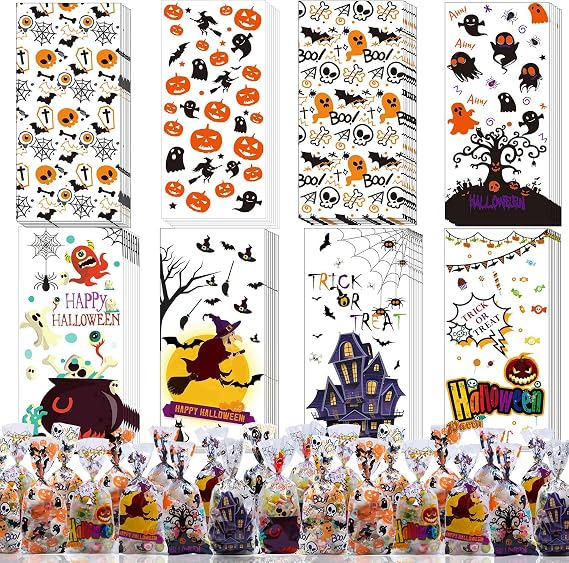 200PCS Halloween Treat Bags Candy Bags for Trick or Treat, 8 Designs Halloween Goodie Bags for Kids Party Supplies Cellophane Bags Party Favors for Kids