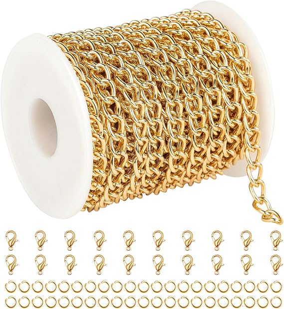 YOUBEIYEE 33 Feet Aluminum Gold Plated Chain for Jewelry Making | Cable Link Chains Bulk Handmade Decoration Craft Chain Roll