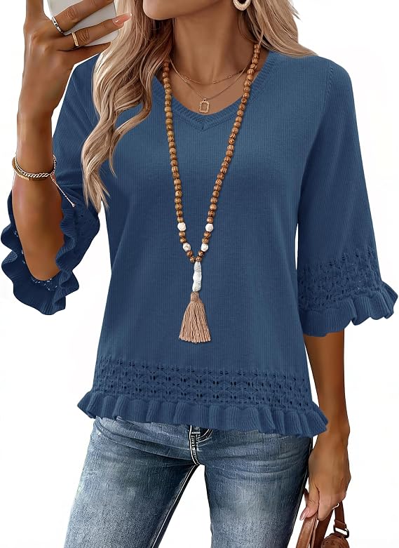 LOMON Womens Sweaters 3/4 Length Sleeve Womens Tops V Neck Peplum Sweater