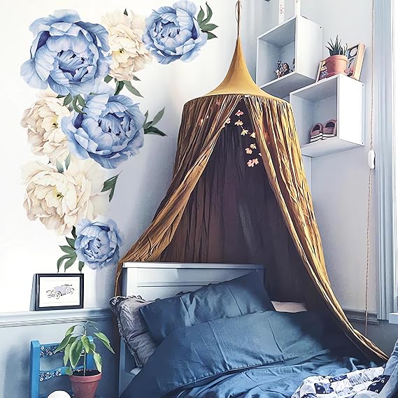 Blue Peonies Large Wall Stickers Delicate Floral Art Wall Decals