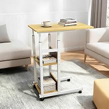 Adjustable C Shaped Bedside Table with Lockable Wheels and 2 Storage Shelves, Sofa Table Side Table Bed Table Height Adjustable 70 to 80 cm for Living Room and Bedroom, Wood Color