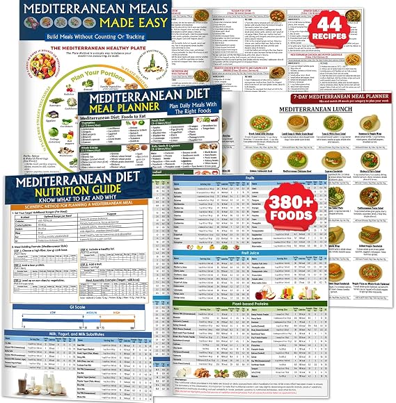 Nonlae 3 Mediterranean Diet Charts - Food List, Easy Meal Plan & Recipes, Beginner Guide with Serving Sizes, Net Carbs, Calories, Mediterranean Diet for Weight Loss, Diabetes - Friendly, Heart Health