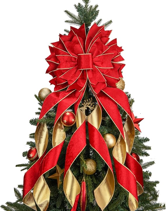 Christmas Jumbo Bows Gift Boxed, 34 Inches by 14 Inches Gold Wired Red Velvet Bows with Four Long Tails for Wreath Floral, Christmas Tree Topper, Outside Bowknot