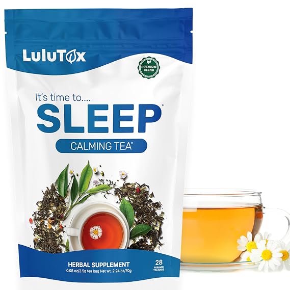 Lulutox Sleep Tea, Cortisol Calming Tea with Chamomile, Lavender, Valerian Root & Saffron, Stress Relief & Anxiety Bedtime Tea for Deep Sleep & Hormone Balance, 28 Caffeine Free Pyramid Tea Bags