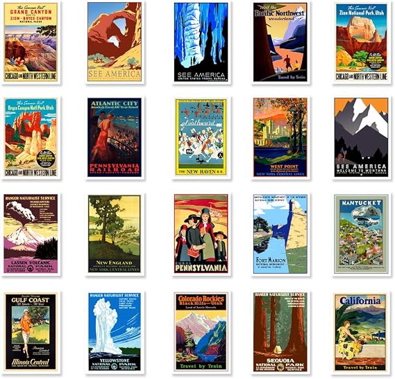USA VINTAGE TRAVEL POSTERS postcard set of 20. Post card variety pack of United States retro poster postcards. Made in USA.