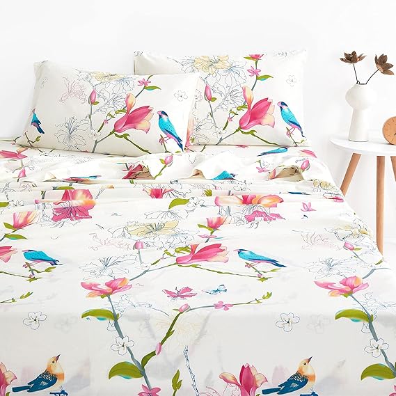 Wake In Cloud - Floral Bed Sheets, 100% Cotton, 4-Piece Sheet Set, Bird Patterned Printed Botanical Boho Flower Aesthetic Bedding, Deep Pocket, Pink Beige, Queen Size