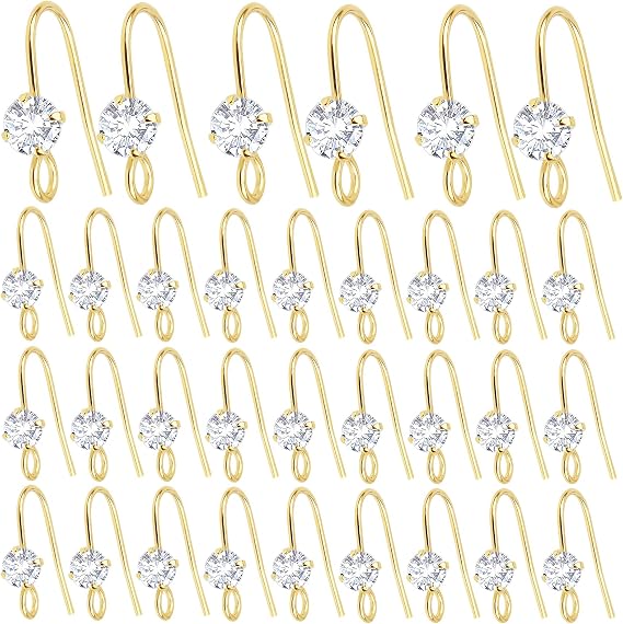 30pcs 14K Golden Diamond Earring Fish Hooks Hypo-allergenic French Rhinestone Ear Wire Connector for Women DIY Earrings Jewelry Making