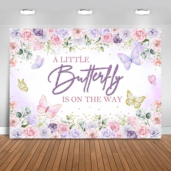 Butterfly Baby Shower Backdrop 7x5ft A Little Butterfly is On Her Way Photography Background Party Decorations Purple and Pink Floral Baby Shower Banner Photo Booth Props
