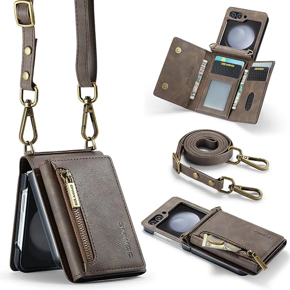 Compatible with Samsung Galaxy Z Flip 5 Phone Case, Upgraded Zipper Design, PU Leather Folding Wallet Phone Cases with Shoulder Strap&Card Holder,Leather Pocket Phone Cases (Coffee)