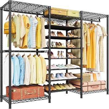 ULIFHOME E16 Heavy Duty Clothing Rack(with 7-Tier Adjustable Shoe Rack) Freestanding Clothes Rack for Hanging Clothes,Metal Closet Storage Organizer Large Wardrobe,69'' W x 15.8'' D x 76.2'' H,Black