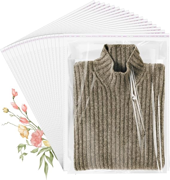 100 Pack 14x20" Clear Cellophane Bags for Shirts, Gift Wrapping, Artwork | Plastic bags with self-sealing strip, Ultra-transparent for shirts, gifts & party favors, Reusable & tear-resistant