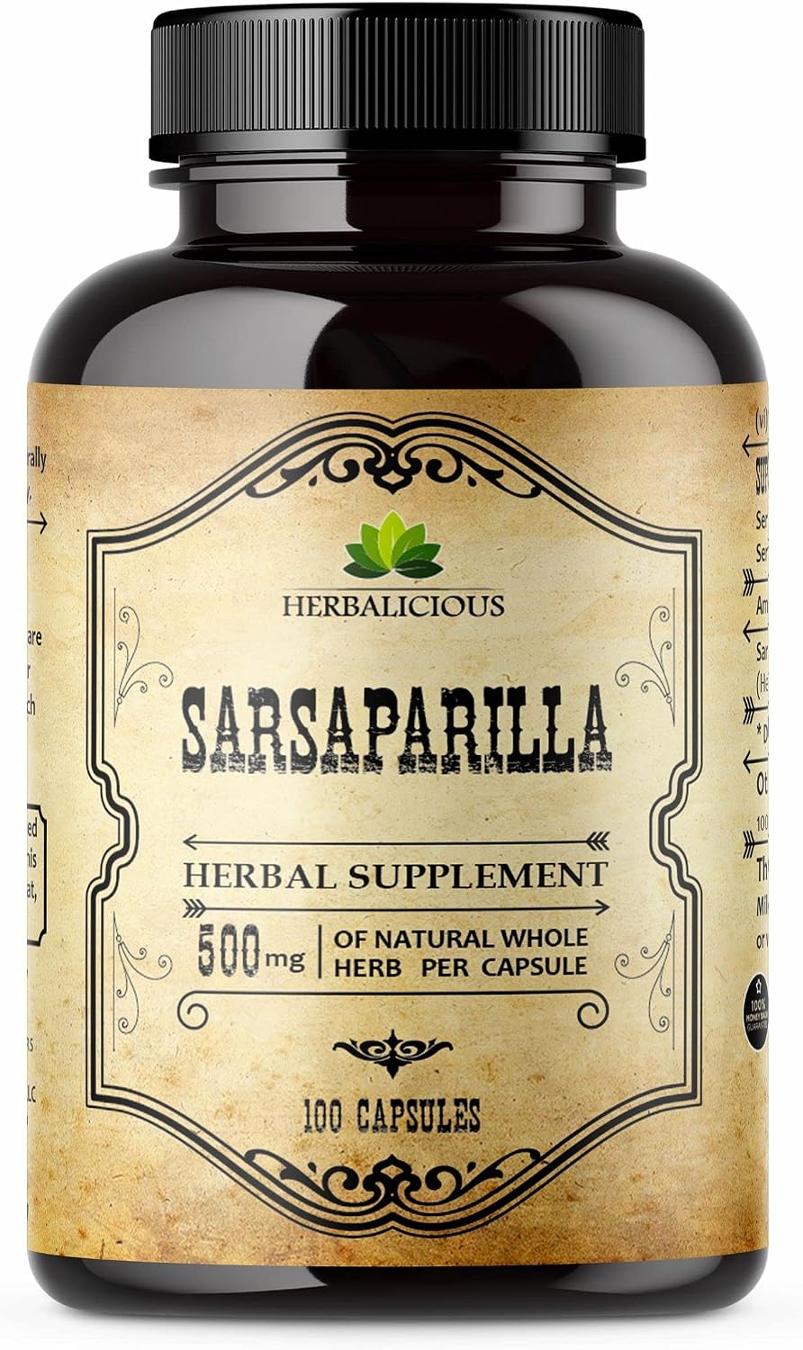 HERBALICIOUS Sarsaparilla Capsules - Smilax Ornata Herb Supplement - Non-GMO Support for Immunity, Skin, Kidney Function, Liver Wellness - No Gluten, Preservatives, Fillers - Made in USA, 100 Caps