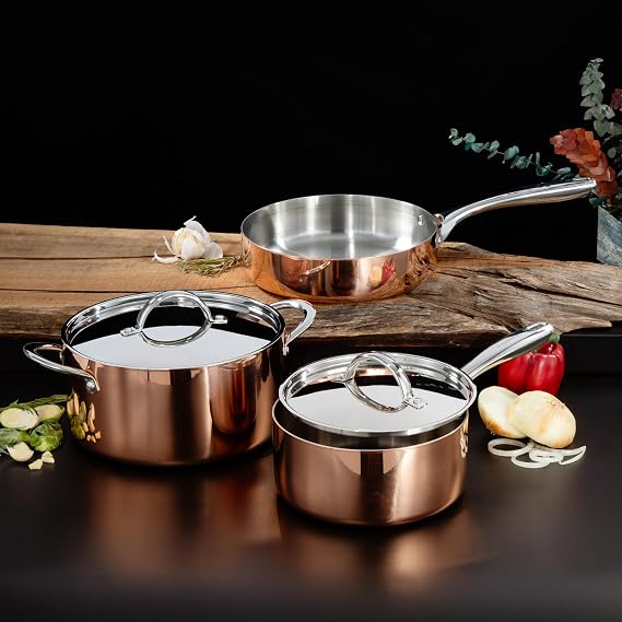 Berghoff Vintage 5Pc Tri Ply Copper & Stainless Steel Cookware Set | Hammered Pots & Pans With Lids, Saucepan, Dutch Oven, Deep Skillet, Ergonomic Handle, Gas & Electric Stoves, Polished Gold