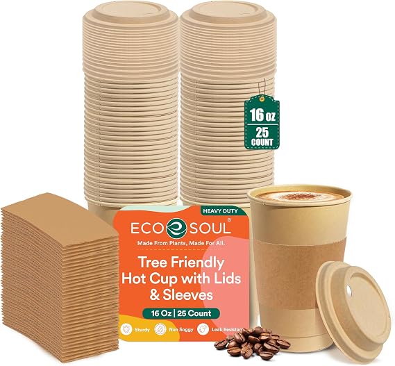 ECO SOUL 16 Oz Disposable Paper Coffee Cups with Lids & Sleeves (25 Pack)