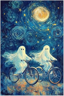 Ghosts on Bicycles Canvas Print - Whimsical Halloween Wall Art for Spooky Home Decor 12x18-Unframed
