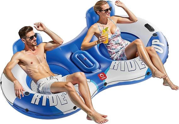 QPAU Inflatable Double River Tube, 2 Person 660lb Capacity, Puncture-Resistant 93" Sturdy Heavy Duty River Float, River Raft with Ergonomic Backrest, Cooler & Cup Holders for Family