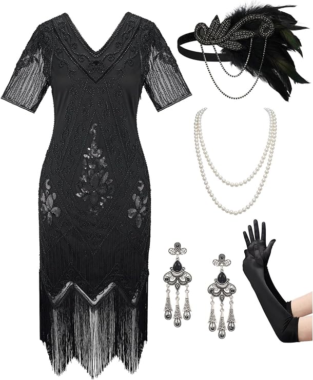 SWEETV YESSA Women's Flapper Dresses 1920s Fringed Sequin Great Gatsby Dress with 20s Accessories -Roaring 20s Costumes