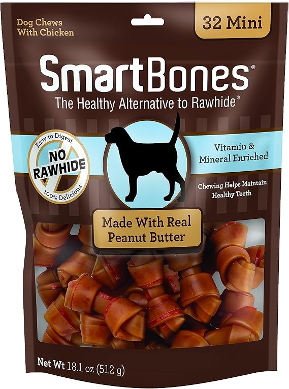 SmartBones Mini Bones Rawhide-Free Dog Treat, Real Peanut Butter, 32 Count