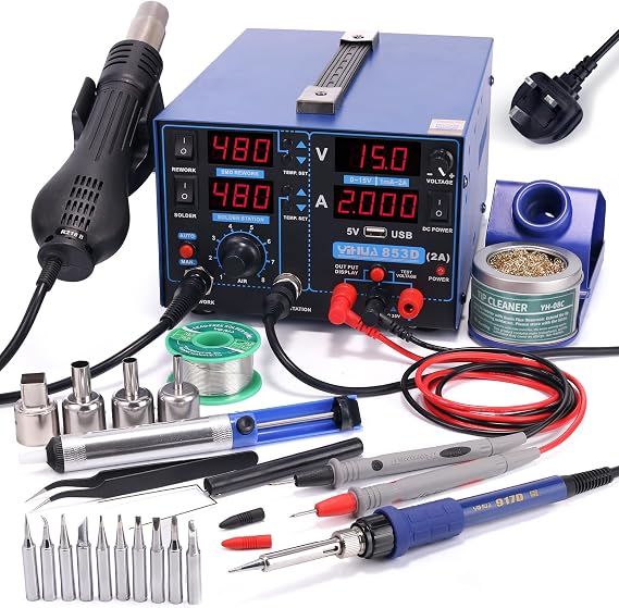 YIHUA 853D 2A USB SMD Hot Air Rework Station Soldering Station, 0-15V DC Power Supply 3 in 1 Station with 5V USB Charging Port and 35V DC Voltmeter for Cellphone and Electronic Rework Repair(UK Plug)
