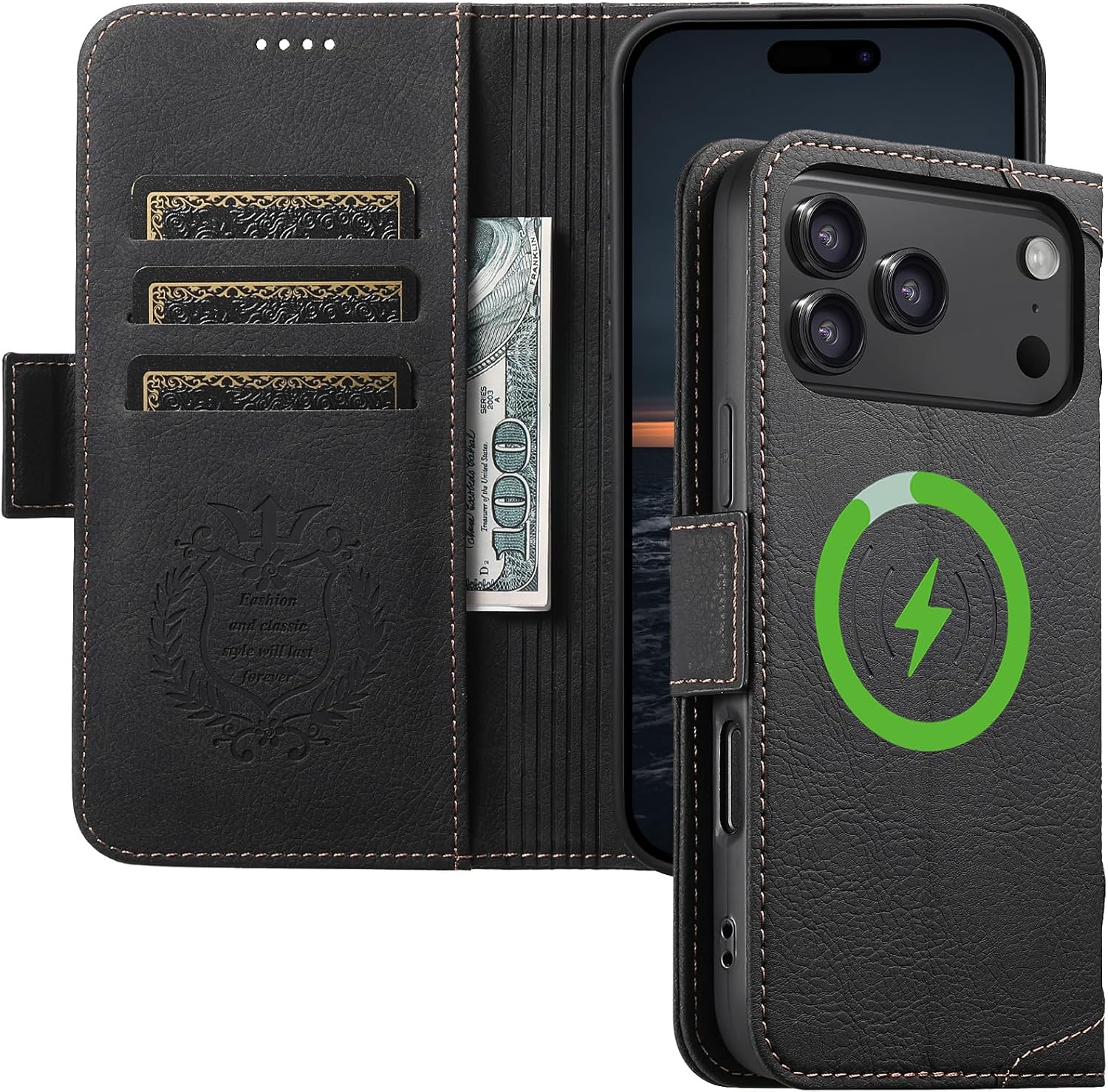 Leather Magnetic Wallet Case for iPhone 17 Pro Max Compatible with MagSafe & Wireless Charging, 3 Card Slots & ID Holder, Kickstand, 360° Military Shockproof Protection Premium Black