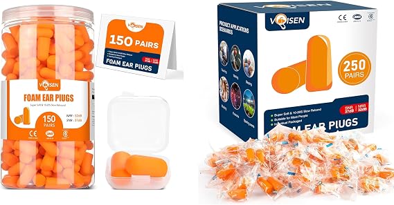 VOISEN 150&250 Pairs Foam Ear Plugs, Ear Plugs for Sleeping Noise Cancelling, 32dB NRR, 37dB SNR Earplugs for Sleeping, Snoring, Studying, Loud Events, Traveling & Concerts, A Storage Box, Orange