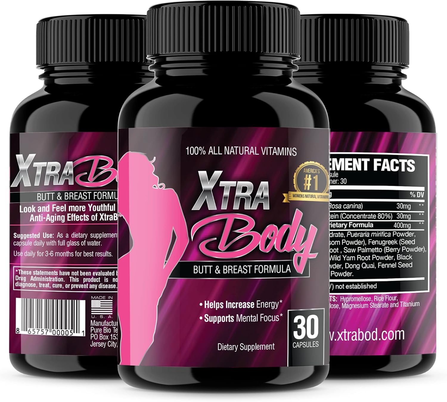 XtraBody Butt Enhancement and Breast Enlargement Supplement - Estrogen Enhancer - Increases Butt & Breast Size, Reduces Menstrual Symptoms & Provides an Extra Boost of Energy 1 Bottle=30 Capsules
