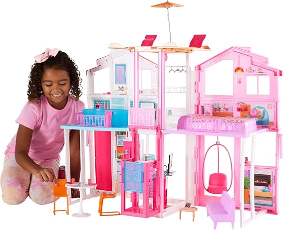 Barbie 3-Story Townhouse Dollhouse with Elevator, Swing Chair, Furniture and Accessories, Fold for Portability and Travel