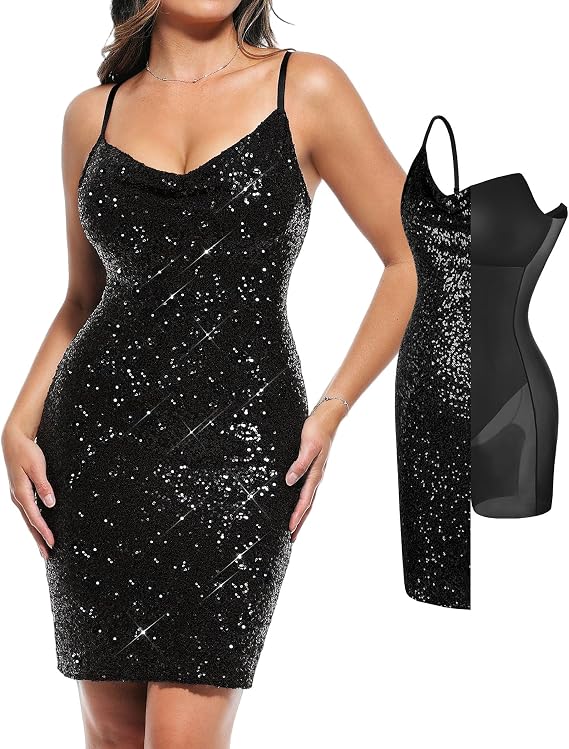 Popilush Sequin Mini Dress for Women - Slimming Shapewear Sparkly Gown
