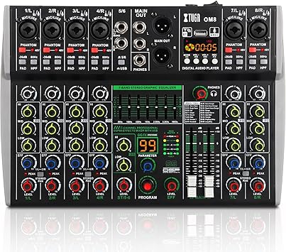 XTUGA Audio Mixer 8 Channel for PC, DJ Sound Board with Stereo Equalizer/PAD/HPF, USB/Bluetooth/48V Phantom Power for Karaoke Party Studio Streaming RecordingOM8