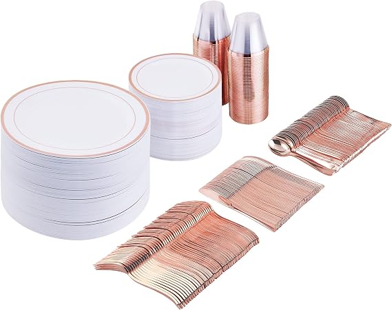 Vplus 600 Count Rose Gold Dinnerware Set, 200 Plastic Plates, Set of 300 Silverware, 100 Cups, Disposable Rose Gold Plastic Dinnerware for Party or Wedding
