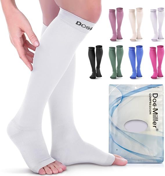 Doc Miller Open Toe Compression Socks, 20-30 mmHg, Knee High, Men & Women