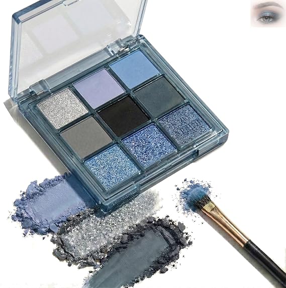 Blue Eyeshadow Palette, 9 Cool-Toned Matte And Sparkling Shades, Compact