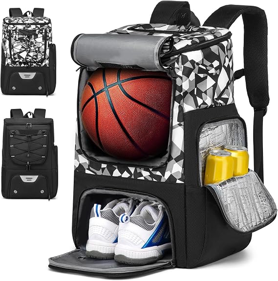 Basketball Backpack, Basketball Bag with Separate Ball Holder & Shoes Compartment Water Resistant Sports Bag Basketball Equipment Bags Fit Volleyball, Soccer, Swim, Gym, Travel, Black, White