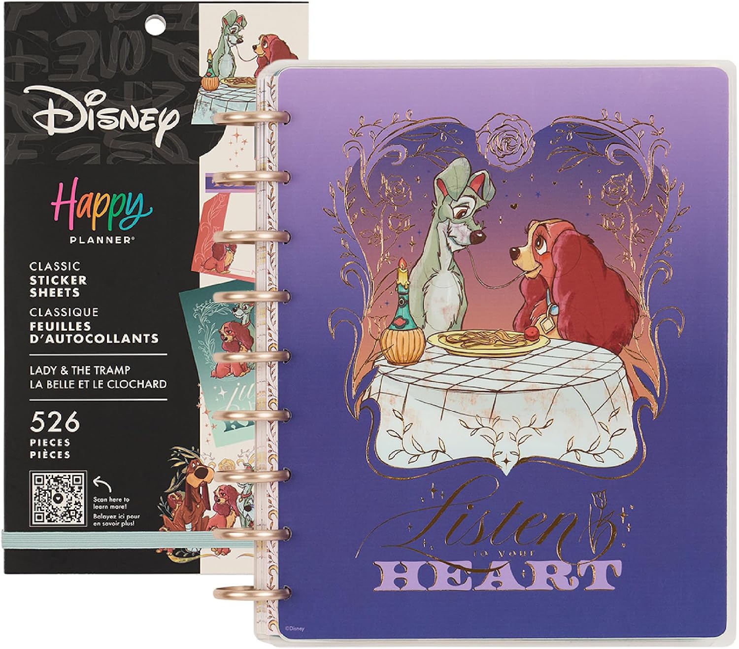 Happy Planner Disney Disc-Bound 12-Month Jul. 2025–Jun. 2026 Classic Dashboard Planner Bundle with 30-Sheet Sticker Pack, Lady and the Tramp