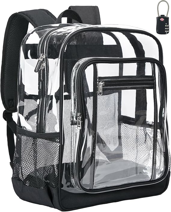 Vorspack Clear Backpack with TSA Lock, 17 inch Large Bookbag, Black