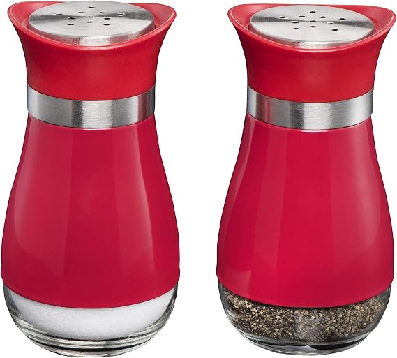 Salt and Pepper Shakers (2-Pc. Set) Elegant w/Clear Glass Bottom | Compact Cooking, Kitchen and Dining Room Use | Classic, Refillable Design (Red)