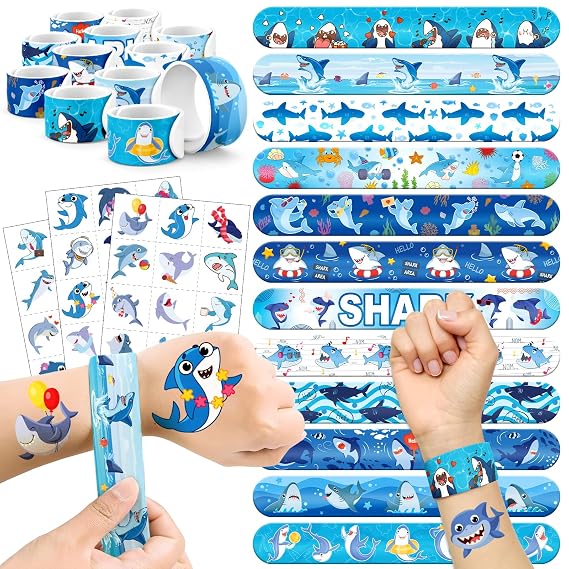 60 PCS Shark Party Favors Set - 36 Temporary Tattoos & 24 Slap Bracelets for Kids, Perfect for Ocean-Themed Birthday Supplies, Undersea Decorations and Gifts