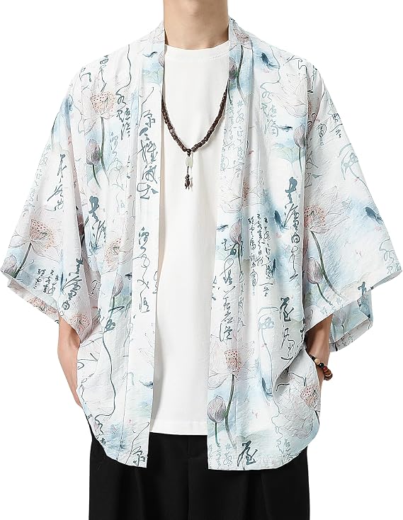 PRIJOUHE Kimono For Men 3/4 Sleeve Japanese Kimono Cardigan Yukata Shirt | Casual Unisex Haori Summer Silky Short Robe Loose Open Front Happi Coat Noragi Beach Lounge Travel Sleepwear Soft Lightweight