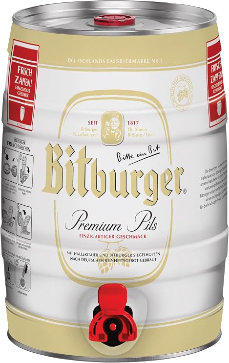 BITBURGER® Premium Pils Party Barrel with Tap (1 x 5 L) Hop-Concentrated Pilsgenuss Made from the Best Hop Varieties Brewed According to German Purity Law