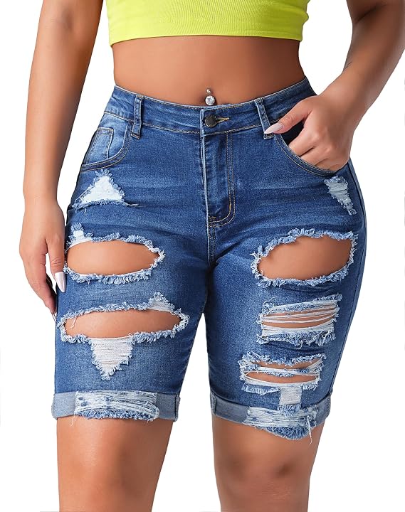 roswear Women's Ripped Denim Destroyed Mid Rise Stretchy Bermuda Shorts Jeans