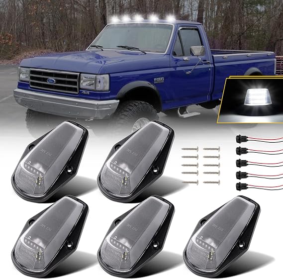 POPMOTORZ 5PCS White LED Cab Roof Light Roof Top Clearance Lights Cab Marker Lamp For 1973-1997 Ford F150 F250 F350 F450 Super Duty LED Roof Running Lights Clear Lens